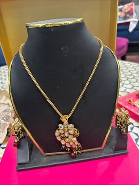 Gold-Tone Multistone Pendant Necklace Set - Pink & Green Accents